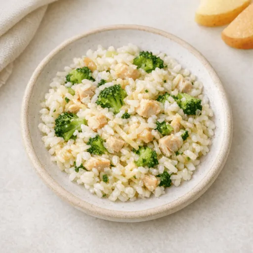 Reis, Hähnchen, Brokkoli und Käse