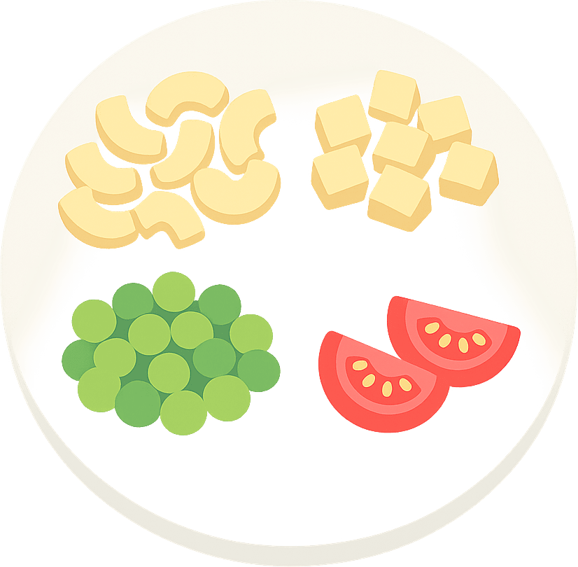 Pâtes, Fromage, Petits pois et Tomate