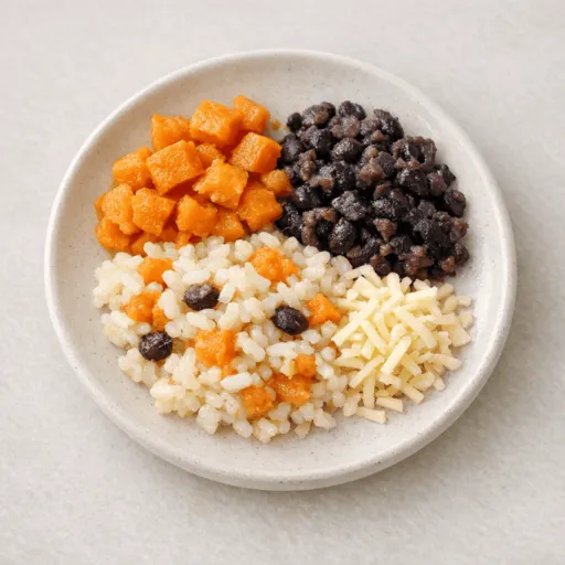 Süßkartoffel, Schwarze Bohnen, Reis und Käse