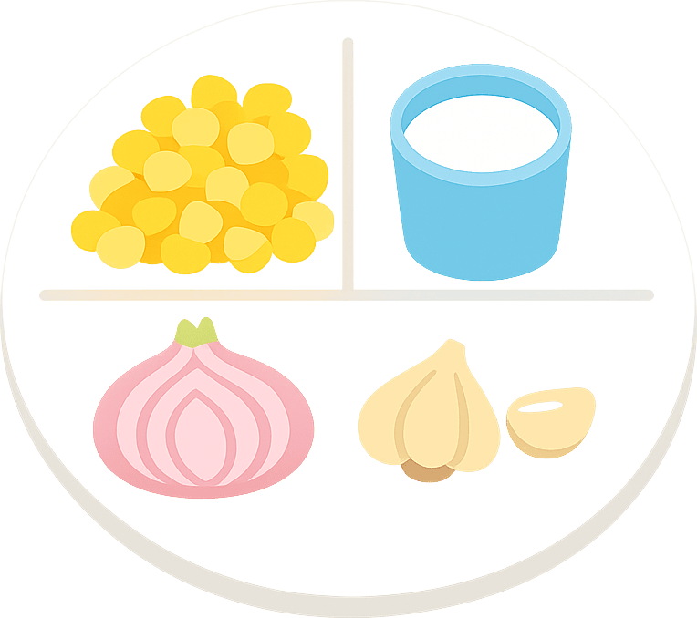 Sweet corn, Cow's milk, Onion and Garlic