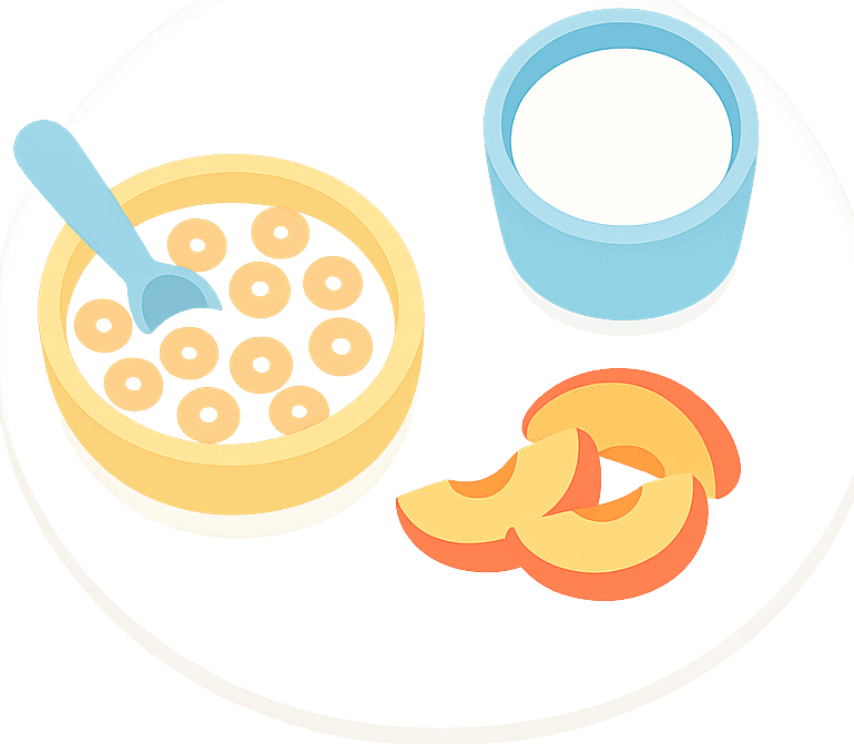 Getreideflocken, Kuhmilch und Pfirsich