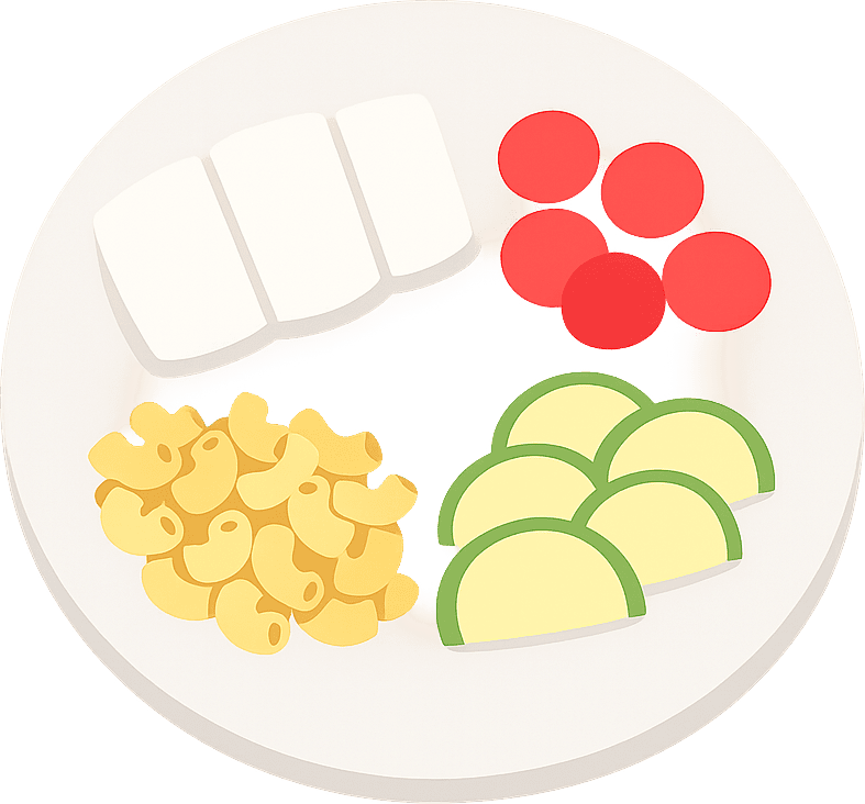 Eglefino, Tomate, Calabacín y Pasta