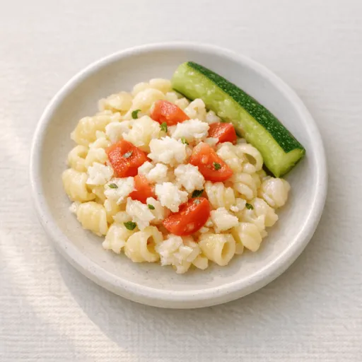 Schellfisch, Tomate, Zucchini und Nudeln