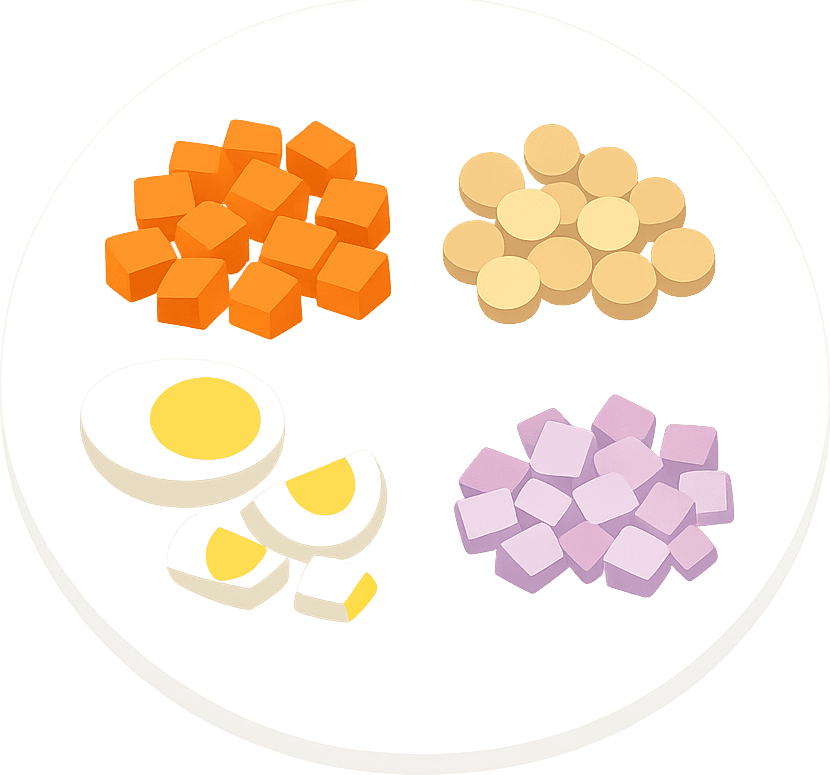 Süßkartoffel, Kichererbse, Ei und Zwiebel