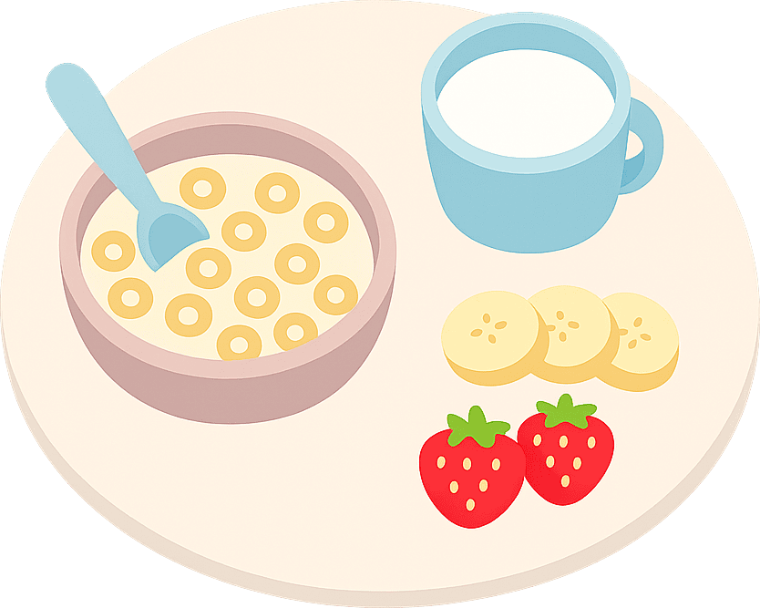 Getreideflocken, Kuhmilch, Banane und Erdbeere
