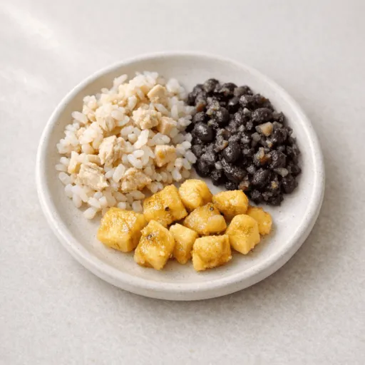 Pollo, Arroz, Frijoles negros y Plátano macho