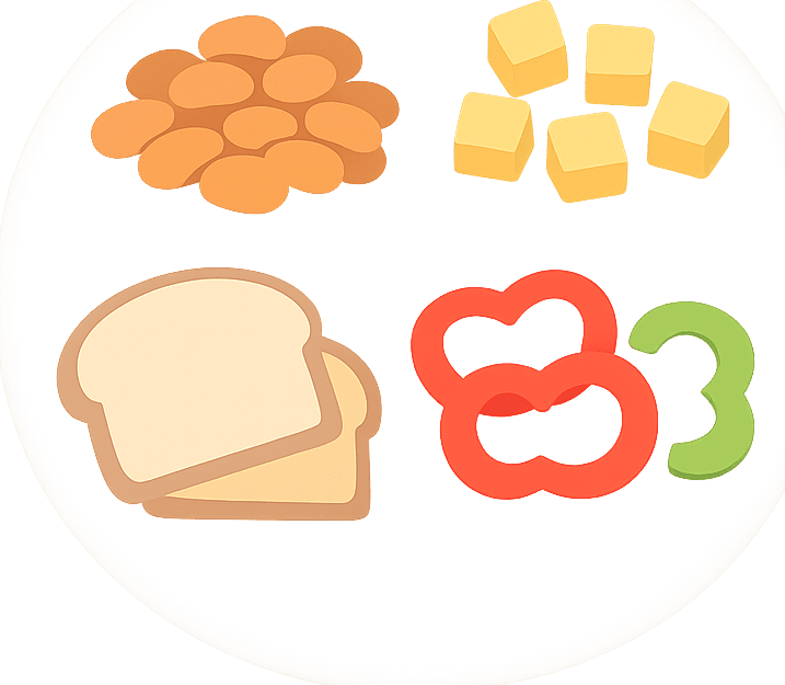 Bohnen, Käse, Brot und Paprika
