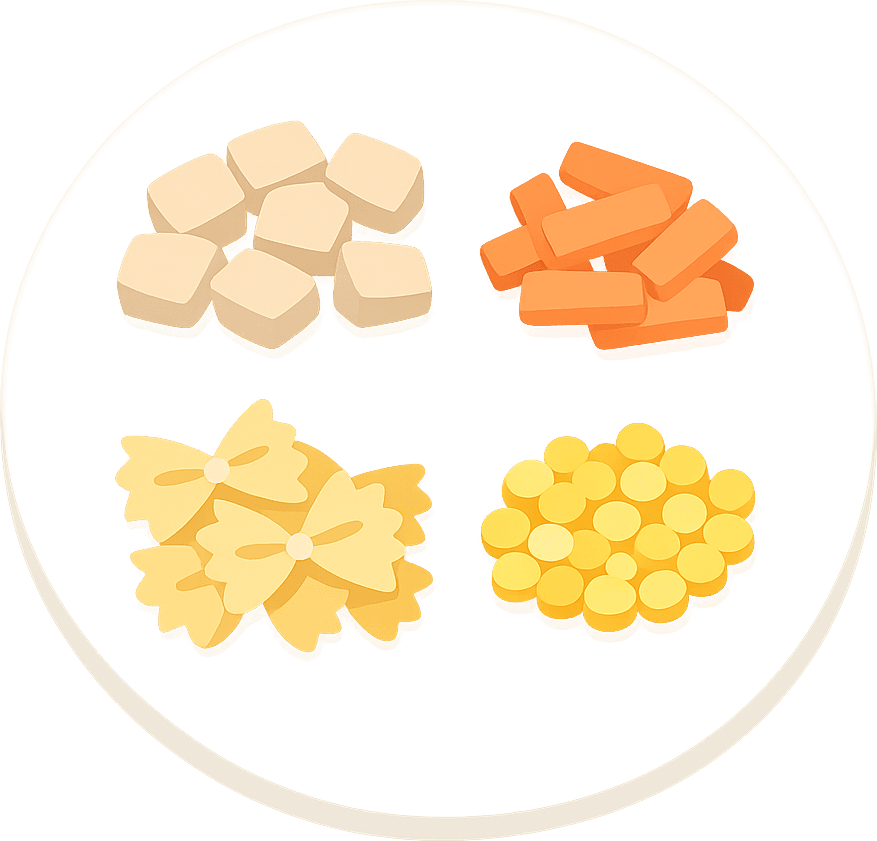 Hähnchen, Nudeln, Karotte und Zuckermais