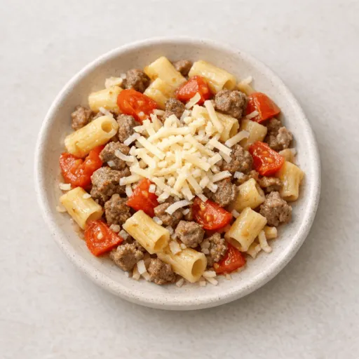Nudeln, Rindfleisch, Tomate und Käse