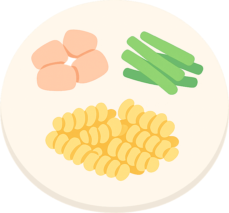Hähnchen, Grüne Bohnen und Nudeln